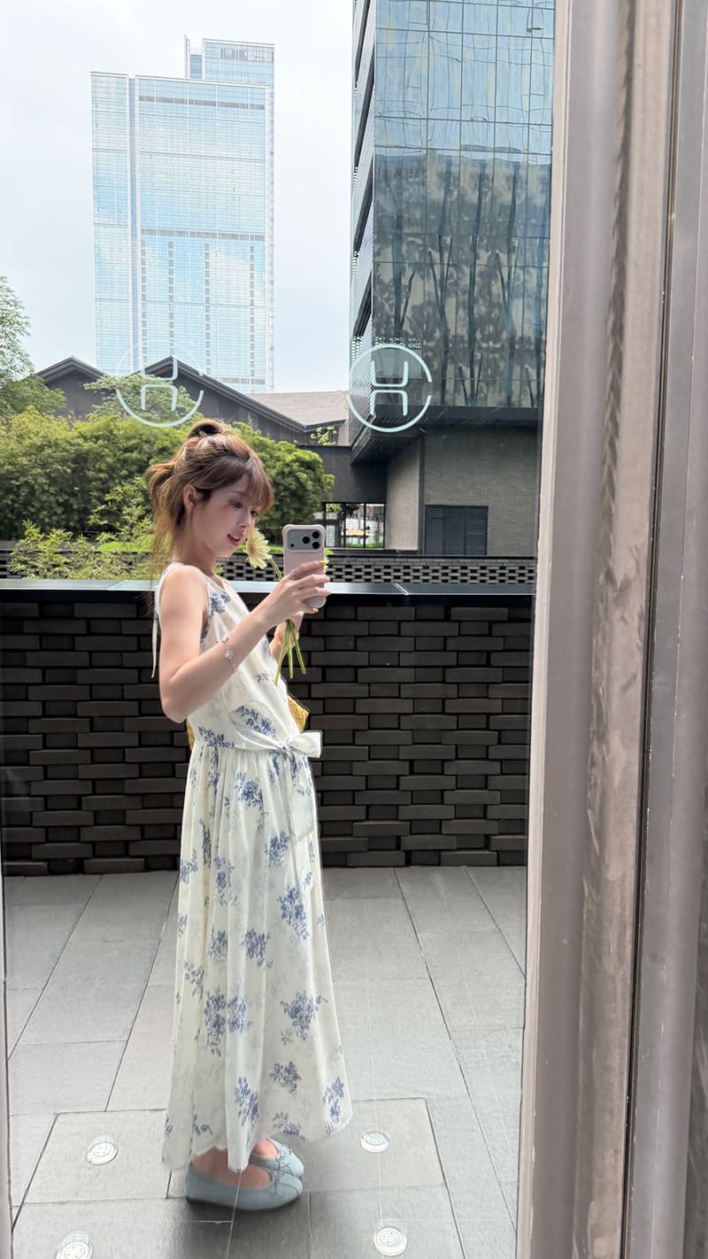 레트로 식물 프린트 루즈핏 롱 코트 꽃무늬 치마 레이스업 민소매 드레스 상세 이미지 9
