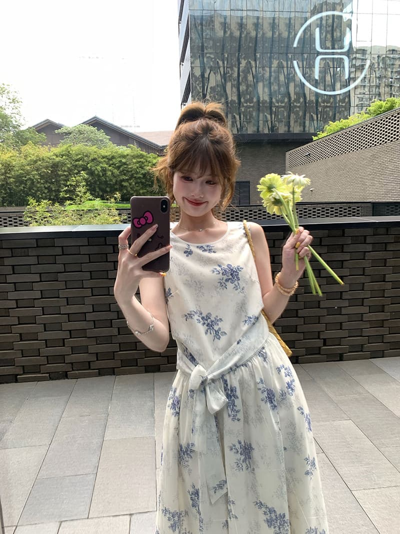 레트로 식물 프린트 루즈핏 롱 코트 꽃무늬 치마 레이스업 민소매 드레스 상세 이미지 13