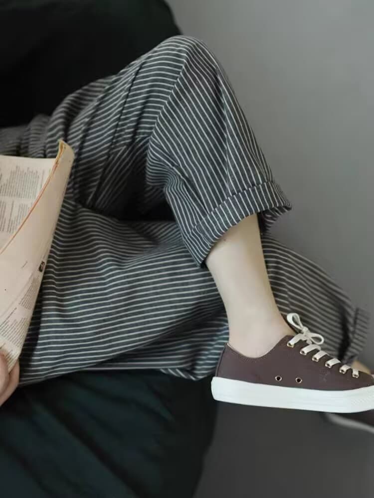 가을 면 린넨 노스탤지어 스트라이프 루즈핏 긴 바지 이미지 3