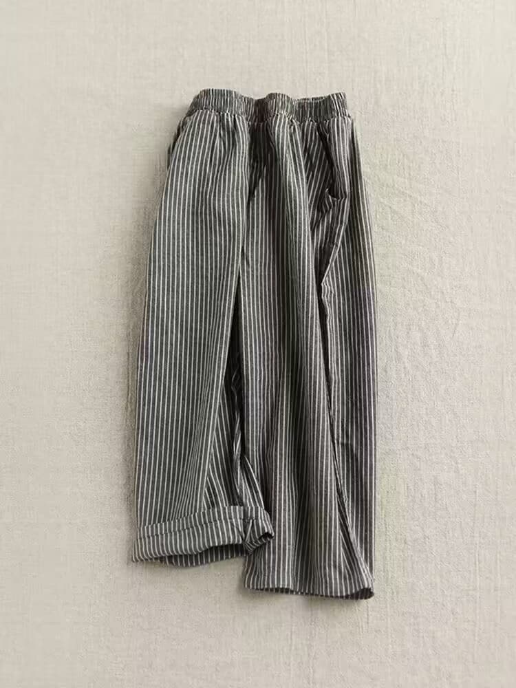 가을 면 린넨 노스탤지어 스트라이프 루즈핏 긴 바지 상세 이미지 5