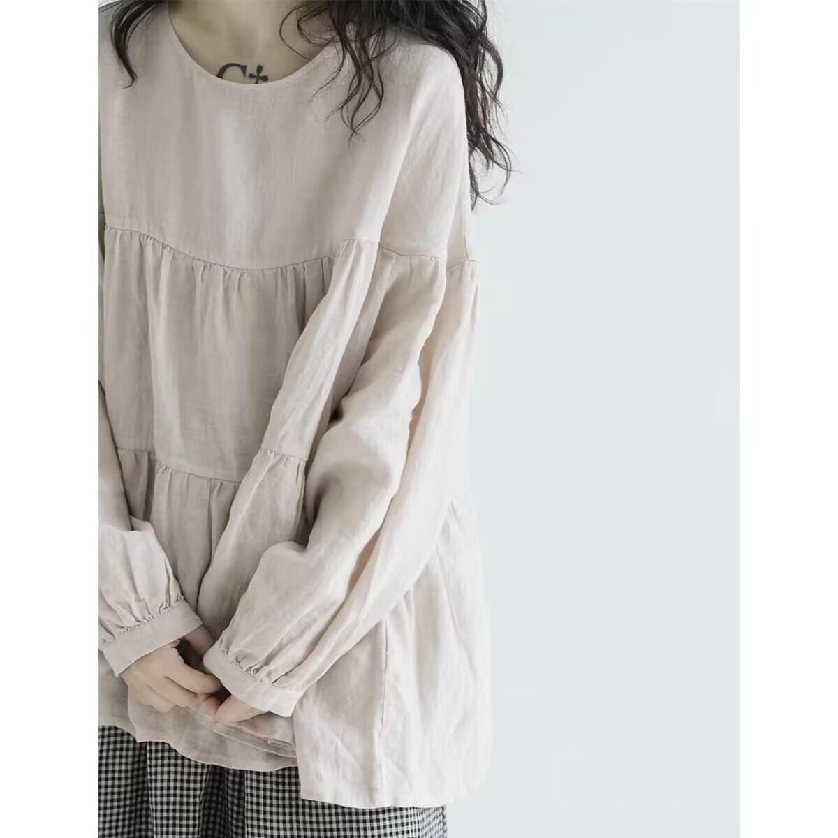 가을 우아한 센스 라운드 넥 인형 셔츠 새로운 컬러 짜임 아마 루즈핏 풀오버 셔츠 이미지 3