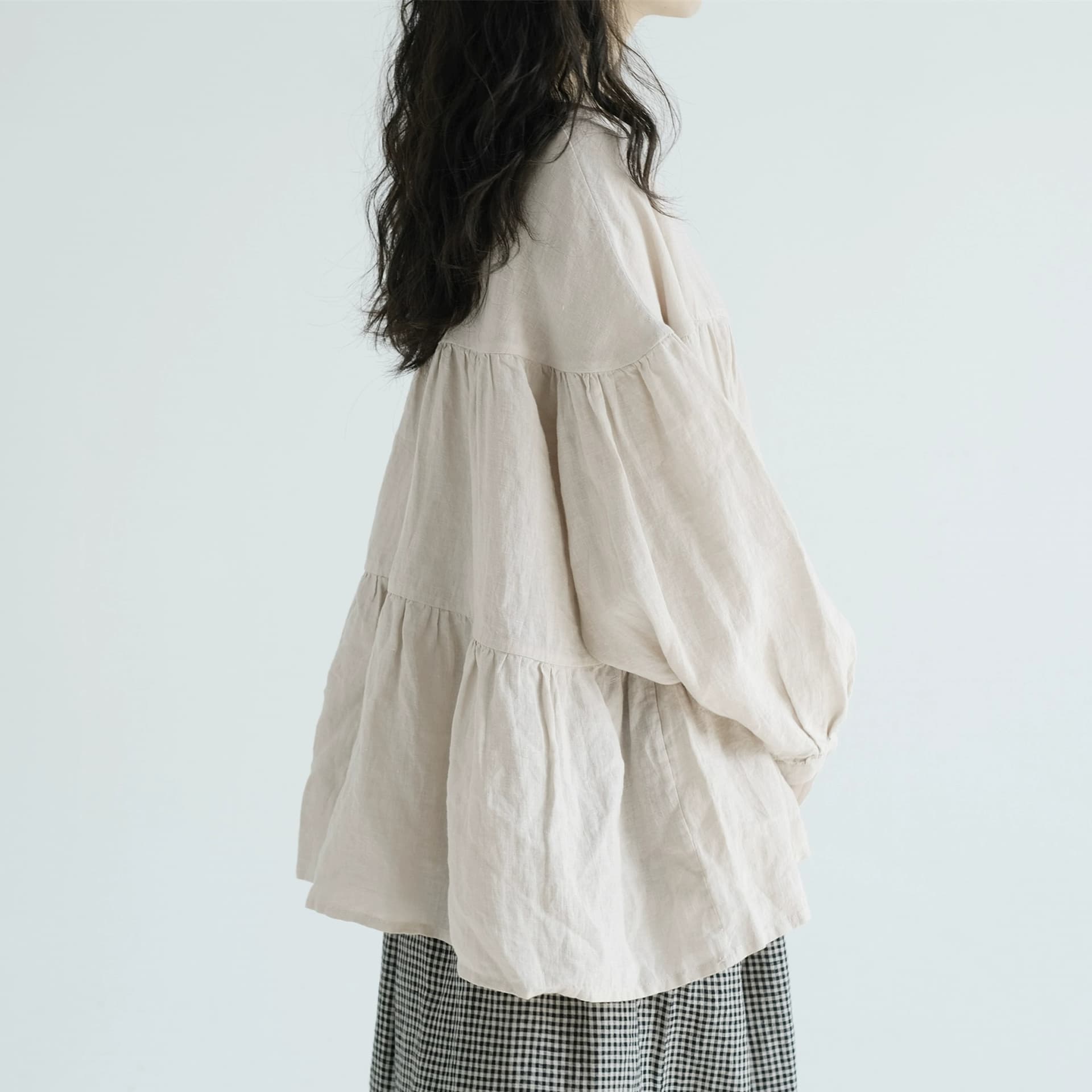 가을 우아한 센스 라운드 넥 인형 셔츠 새로운 컬러 짜임 아마 루즈핏 풀오버 셔츠 상세 이미지 1