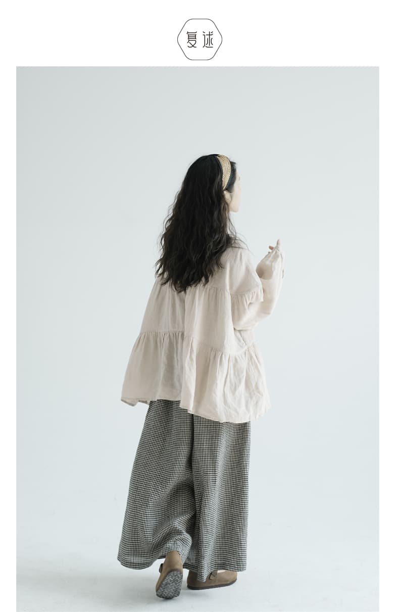 가을 우아한 센스 라운드 넥 인형 셔츠 새로운 컬러 짜임 아마 루즈핏 풀오버 셔츠 상세 이미지 3