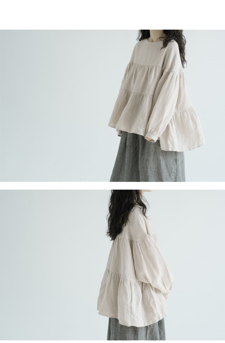 가을 우아한 센스 라운드 넥 인형 셔츠 새로운 컬러 짜임 아마 루즈핏 풀오버 셔츠 상세 이미지 5
