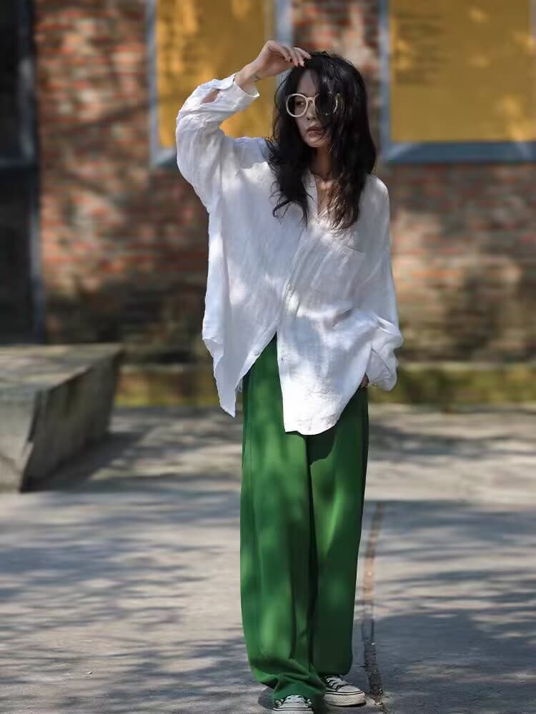 가을 느긋한 느슨함 문예 기초 섹션 화이트 아마 루즈핏 대 셔츠 이미지 3
