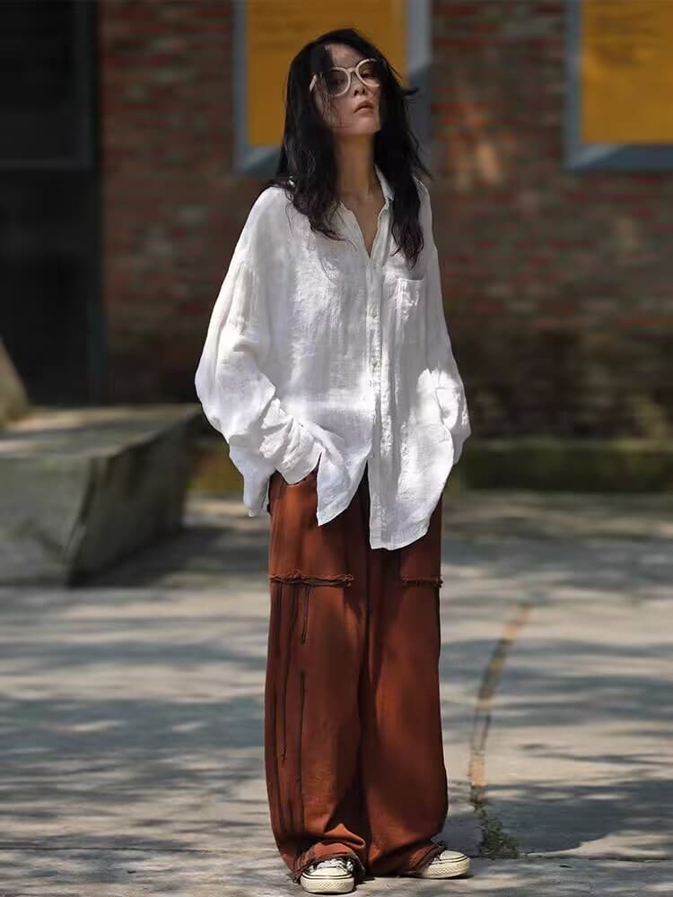 가을 느긋한 느슨함 문예 기초 섹션 화이트 아마 루즈핏 대 셔츠 이미지 4
