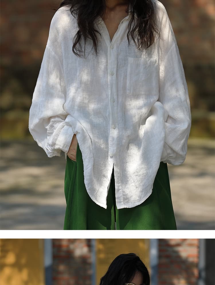 가을 느긋한 느슨함 문예 기초 섹션 화이트 아마 루즈핏 대 셔츠 상세 이미지 8