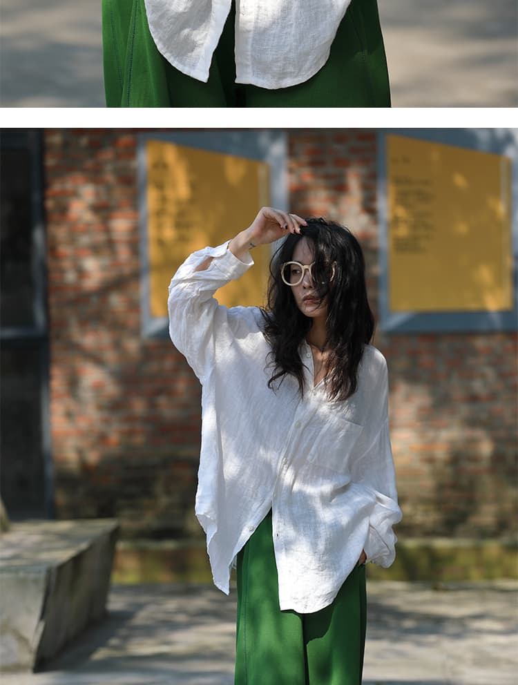 가을 느긋한 느슨함 문예 기초 섹션 화이트 아마 루즈핏 대 셔츠 상세 이미지 12