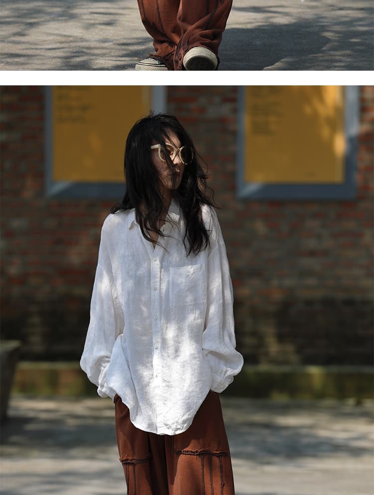 가을 느긋한 느슨함 문예 기초 섹션 화이트 아마 루즈핏 대 셔츠 상세 이미지 26