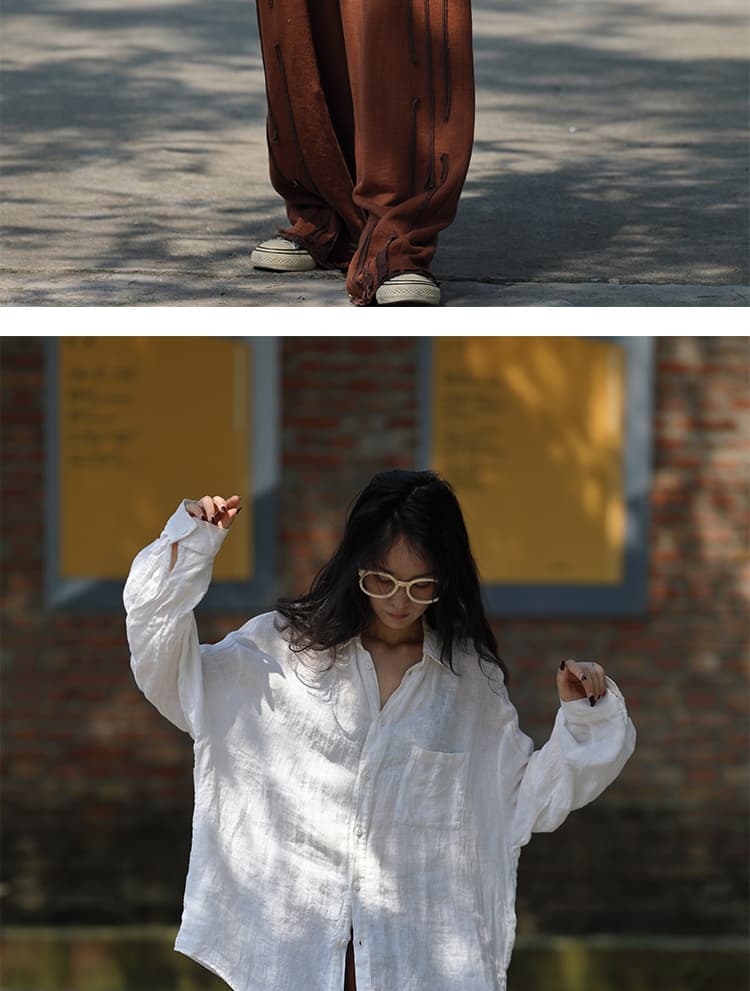 가을 느긋한 느슨함 문예 기초 섹션 화이트 아마 루즈핏 대 셔츠 상세 이미지 27