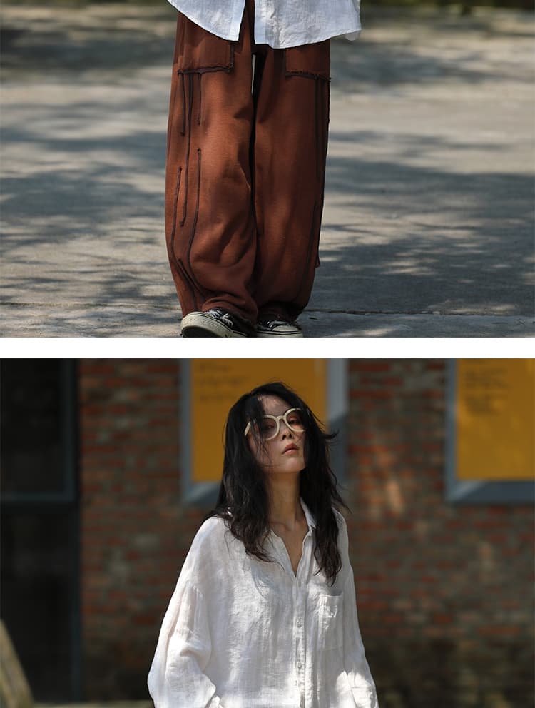 가을 느긋한 느슨함 문예 기초 섹션 화이트 아마 루즈핏 대 셔츠 상세 이미지 28
