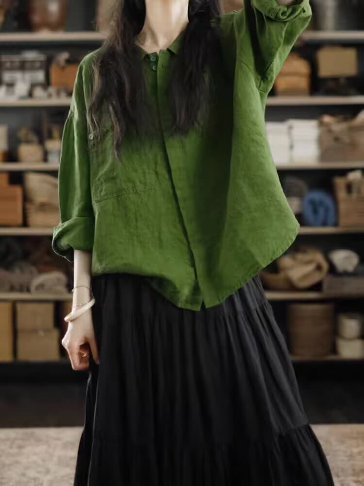가을 원본 품질 이른 가을 부드러운 초대장 전시회 녹색 순수 린넨 루즈핏 셔츠
