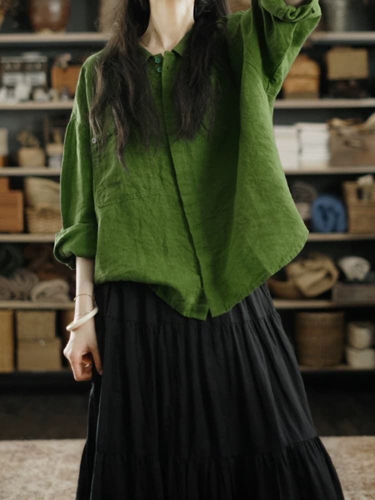 가을 원본 품질 이른 가을 부드러운 초대장 전시회 녹색 순수 린넨 루즈핏 셔츠 상세 이미지 1