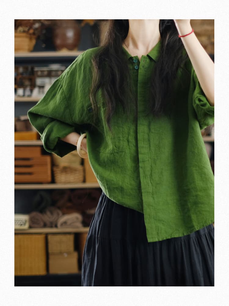 가을 원본 품질 이른 가을 부드러운 초대장 전시회 녹색 순수 린넨 루즈핏 셔츠 상세 이미지 5