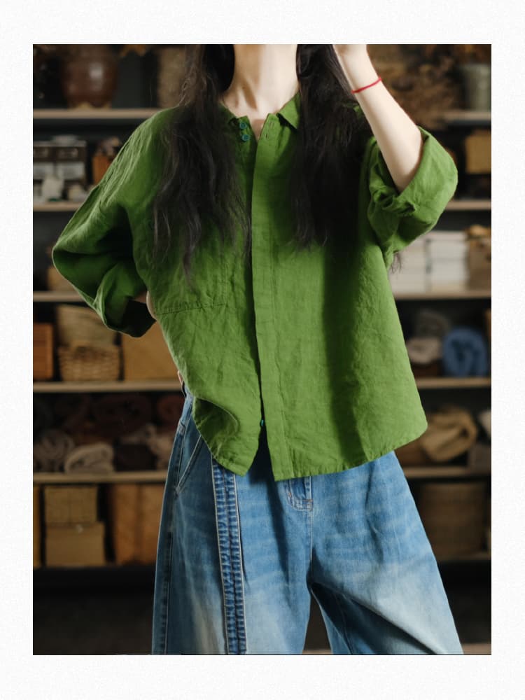 가을 원본 품질 이른 가을 부드러운 초대장 전시회 녹색 순수 린넨 루즈핏 셔츠 상세 이미지 12