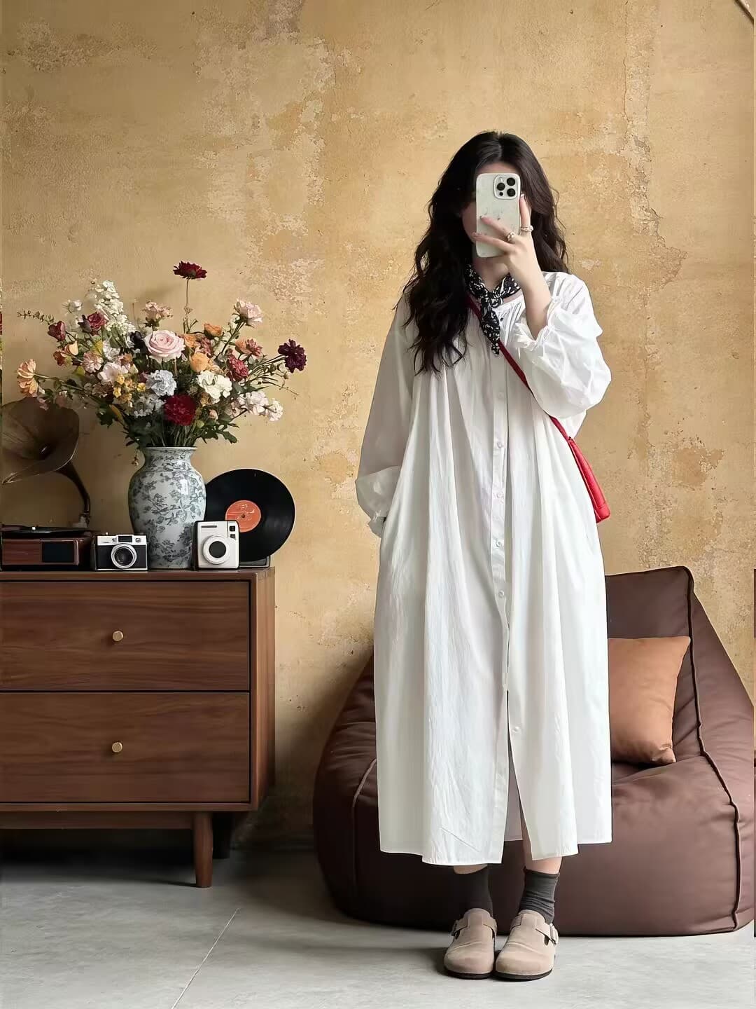 프랑스식 품격 루즈핏 슬림해 보이는 단순한 관대 한 자이언트 잘 생긴 ~ 중 화이트 셔츠 드레스 아이들 가을
