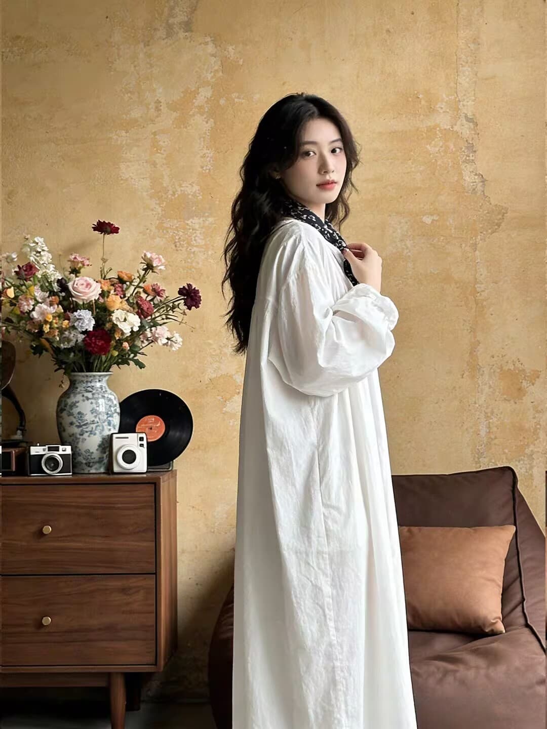 프랑스식 품격 루즈핏 슬림해 보이는 단순한 관대 한 자이언트 잘 생긴 ~ 중 화이트 셔츠 드레스 아이들 가을 이미지 4