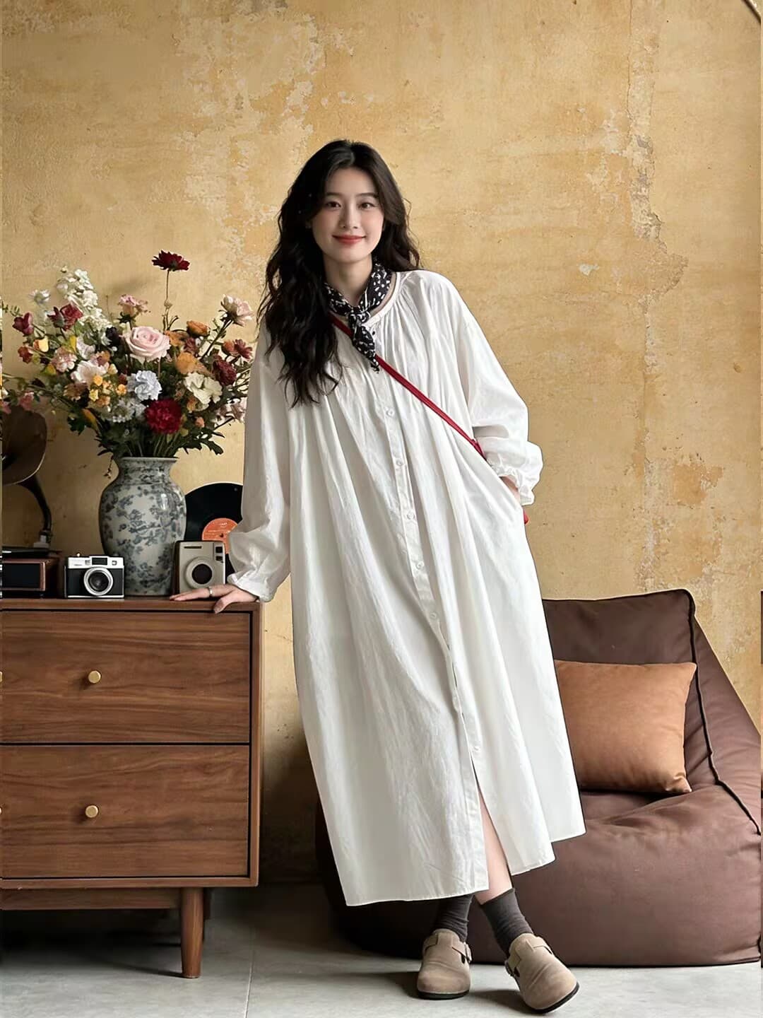 프랑스식 품격 루즈핏 슬림해 보이는 단순한 관대 한 자이언트 잘 생긴 ~ 중 화이트 셔츠 드레스 아이들 가을 이미지 3