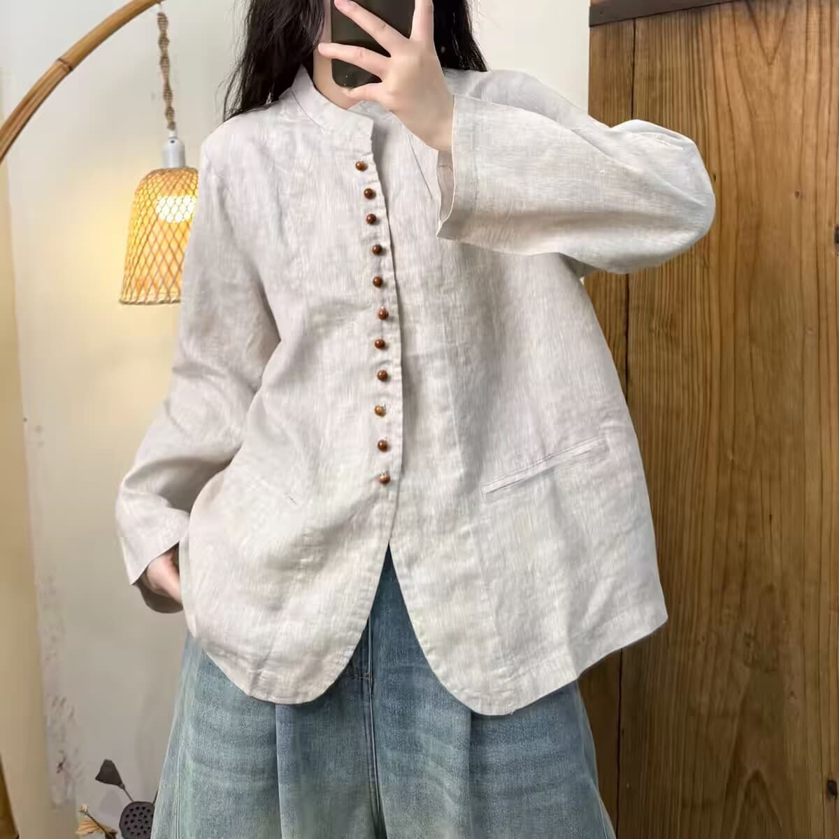 새로운 중식 복잡한 고대 돈 바람 빅 사이즈 아마 스탠드 칼라 긴팔 셔츠 카디건 코트 상세 이미지 6