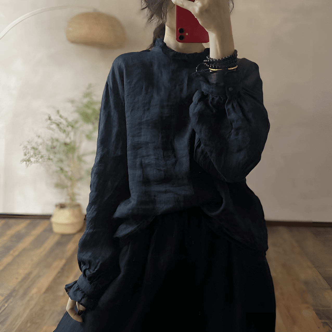 우아함 Chic 문예 스타일 활기찬 센스 레이스 칼라 라미 여성 셔츠 상세 이미지 4
