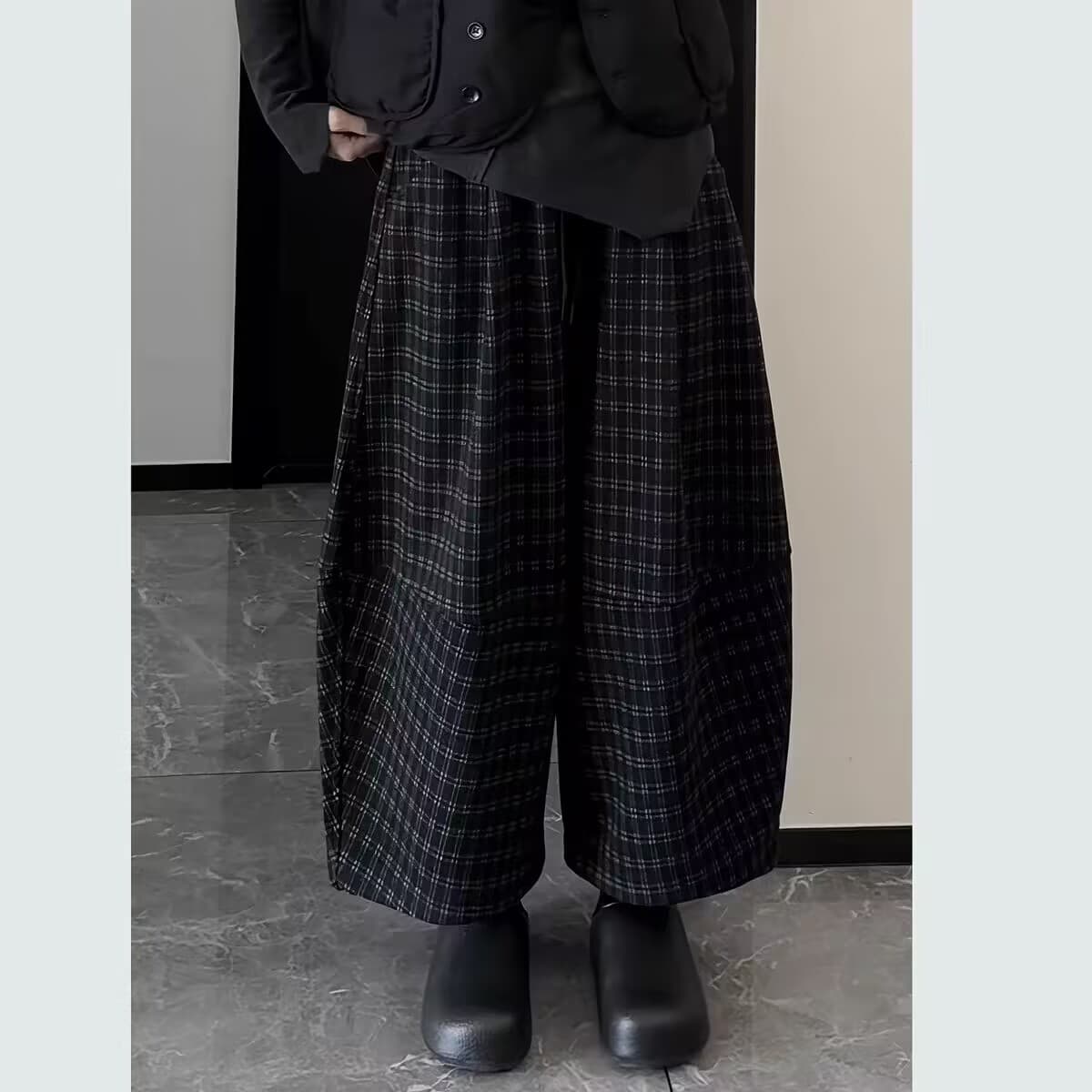 모직 레트로 느긋한 바람 체크무늬 캐주얼 모통이 칼 바지 여성 봄 가을 높은 품질 와이드 레그 팬츠 배기 바지