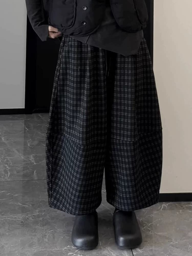모직 레트로 느긋한 바람 체크무늬 캐주얼 모통이 칼 바지 여성 봄 가을 높은 품질 와이드 레그 팬츠 배기 바지 상세 이미지 1