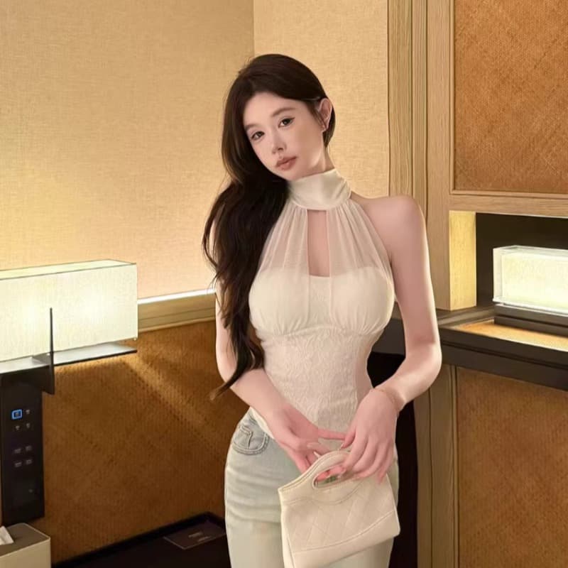 핫걸 레이스 조각 행침 목 캐미솔 불규칙 허리 수축 슬림해 보이는 분위기 센스 닦아내 라. 가슴 안쪽 가져 가라. 쇼트 스타일 맨위 이미지 5