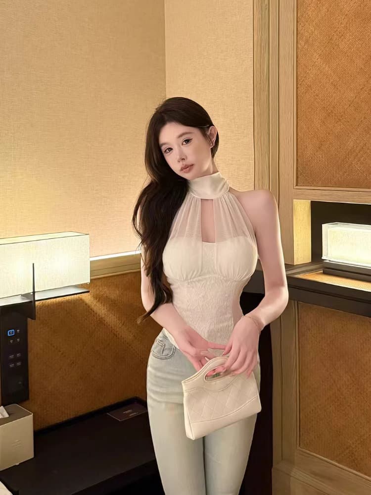 핫걸 레이스 조각 행침 목 캐미솔 불규칙 허리 수축 슬림해 보이는 분위기 센스 닦아내 라. 가슴 안쪽 가져 가라. 쇼트 스타일 맨위 상세 이미지 3
