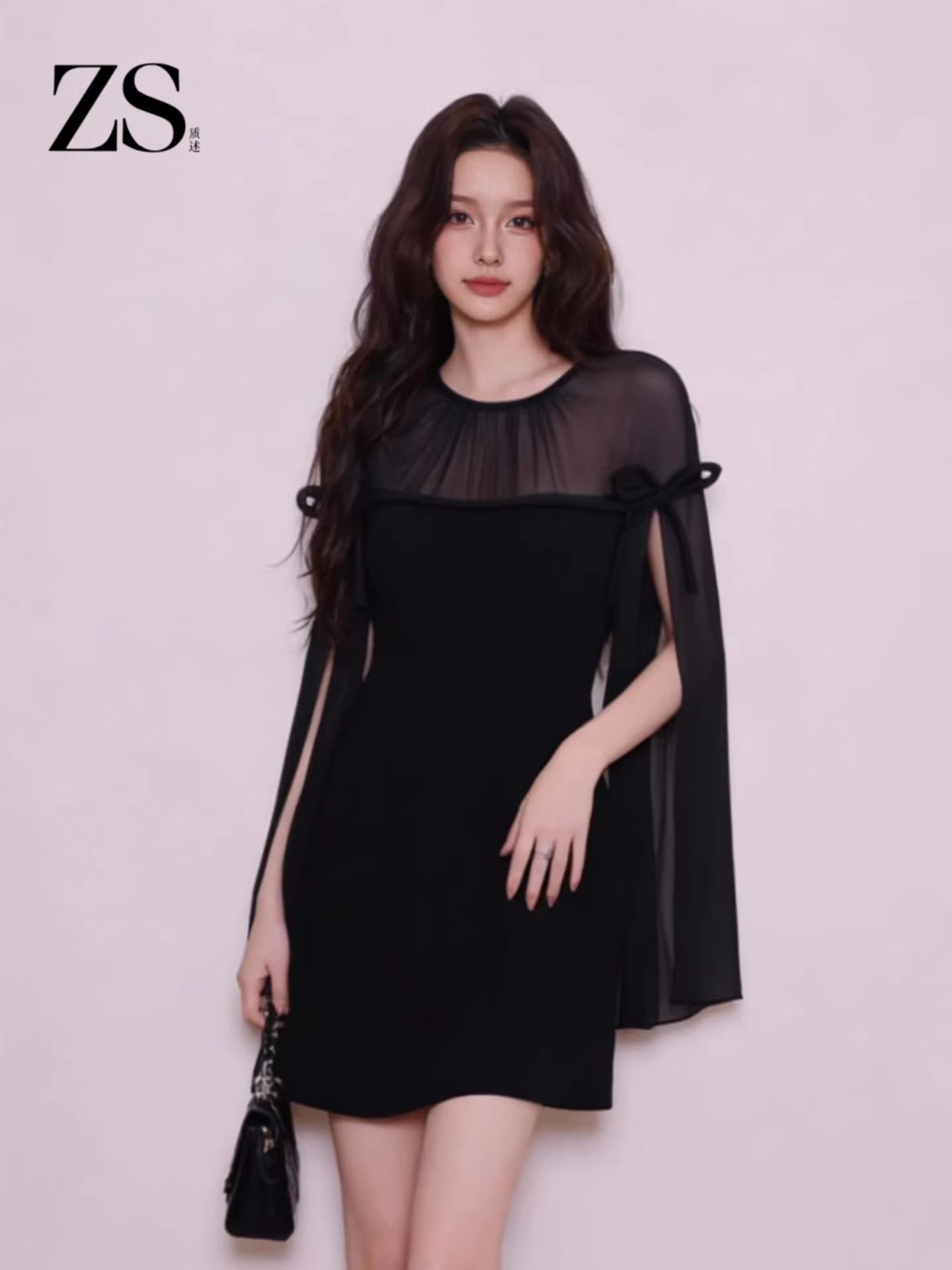 독립적 인 디자이너 섹션 천 금빛 바람 망사 긴팔 여성 드레스 연말 파티 착용 가져 가라. 작은 검은 드레스 상세 이미지 1
