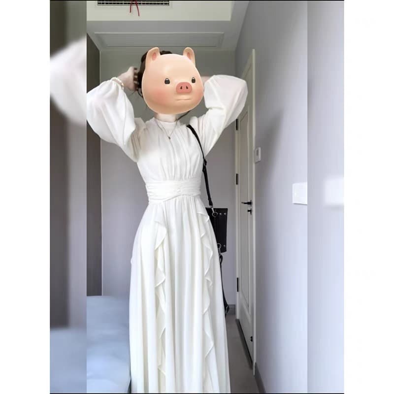 가을로 프랑스식 여성 드레스 하얀 달빛 요정 치마 긴팔 주름 허리 수축 참여 치마 명문 여성 생일 롱 스커트 여성 이미지 2