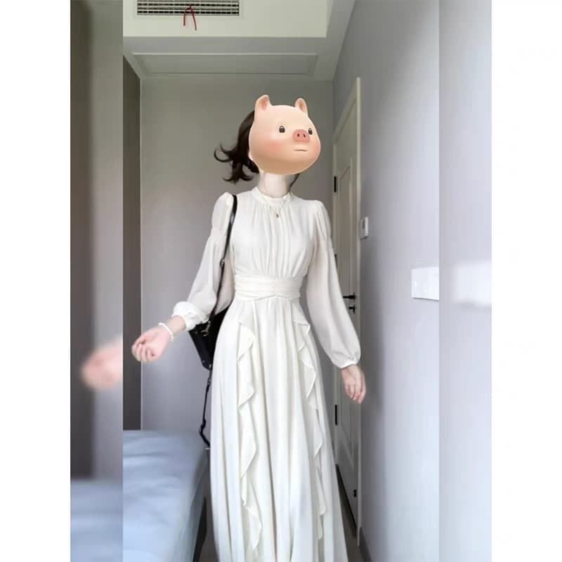가을로 프랑스식 여성 드레스 하얀 달빛 요정 치마 긴팔 주름 허리 수축 참여 치마 명문 여성 생일 롱 스커트 여성 이미지 4
