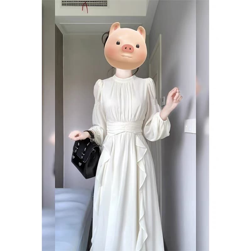 가을로 프랑스식 여성 드레스 하얀 달빛 요정 치마 긴팔 주름 허리 수축 참여 치마 명문 여성 생일 롱 스커트 여성 상세 이미지 1