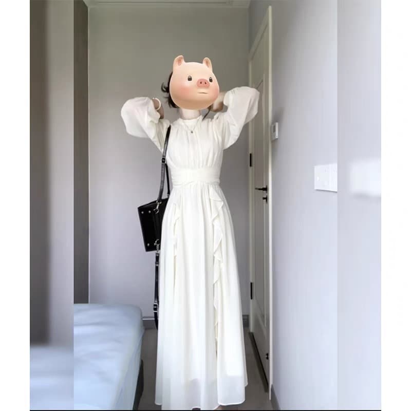 가을로 프랑스식 여성 드레스 하얀 달빛 요정 치마 긴팔 주름 허리 수축 참여 치마 명문 여성 생일 롱 스커트 여성 상세 이미지 4