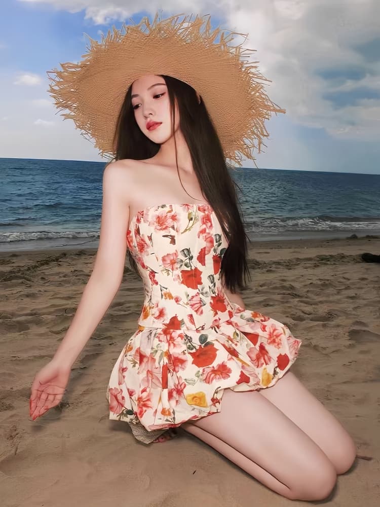 여름 꽃무늬 세트 드레스 여성 2026 새로운 프랑스식 생선뼈 튜브탑 맨위 퍼프 꽃밭 반신 스커트 투피스 세트 이미지 4