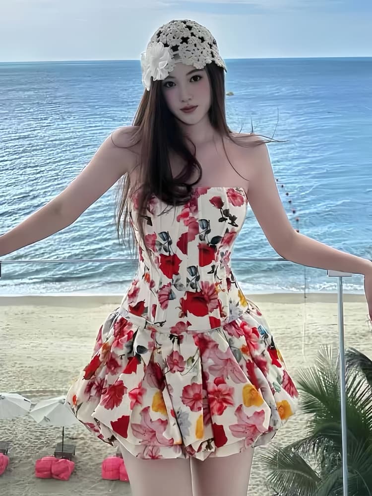 여름 꽃무늬 세트 드레스 여성 2026 새로운 프랑스식 생선뼈 튜브탑 맨위 퍼프 꽃밭 반신 스커트 투피스 세트 상세 이미지 4