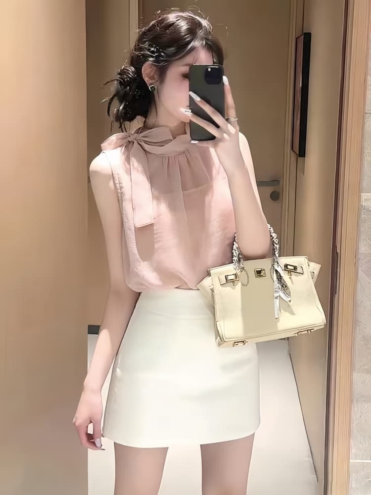 연령 감소 여름 전체 집합 ootd 한 부서 착용 가져 가라. 드레스 작은 샤넬 스타일 품격 쉬폰 블라우스 맨위 미니 스커트 투피스 세트 상세 이미지 1