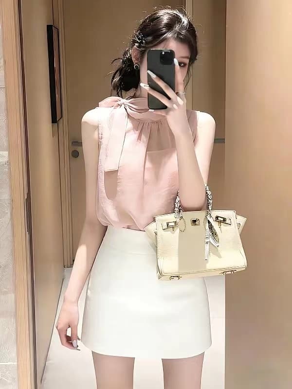 연령 감소 여름 전체 집합 ootd 한 부서 착용 가져 가라. 드레스 작은 샤넬 스타일 품격 쉬폰 블라우스 맨위 미니 스커트 투피스 세트 상세 이미지 3