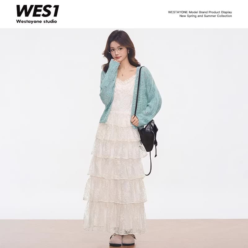 신제품 westayone 박하 녹색 스웨터 오픈 가디건 레이스 케이크 슬립 여성 드레스 봄 여름 새로운 상세 이미지 3