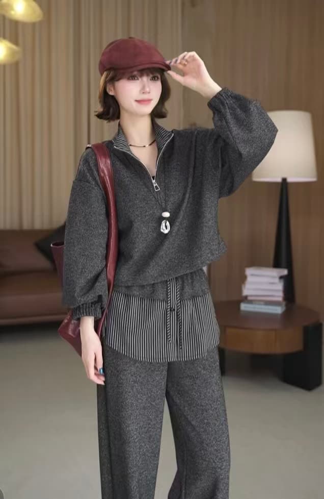 웨이 웨이 유 하프 지퍼 후드티 품격 연령 감소 스트라이프 랩스커트팬츠 넓은 다리 캐주얼 바지 투피스 세트 이미지 3