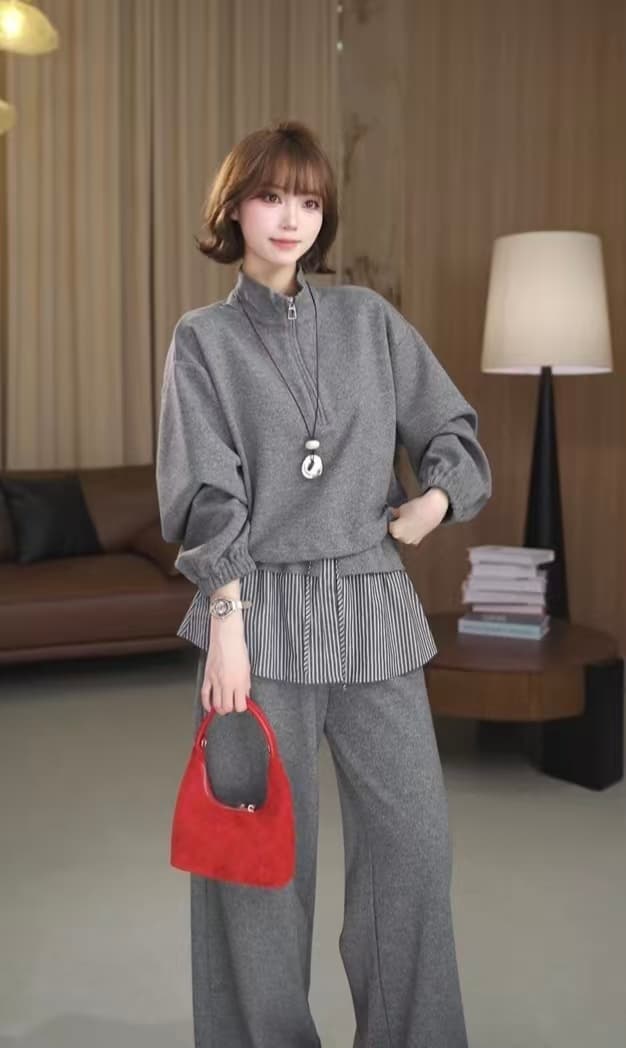 웨이 웨이 유 하프 지퍼 후드티 품격 연령 감소 스트라이프 랩스커트팬츠 넓은 다리 캐주얼 바지 투피스 세트 상세 이미지 2