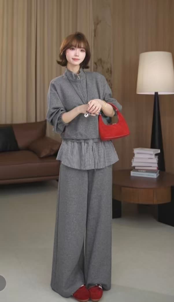 웨이 웨이 유 하프 지퍼 후드티 품격 연령 감소 스트라이프 랩스커트팬츠 넓은 다리 캐주얼 바지 투피스 세트 상세 이미지 4