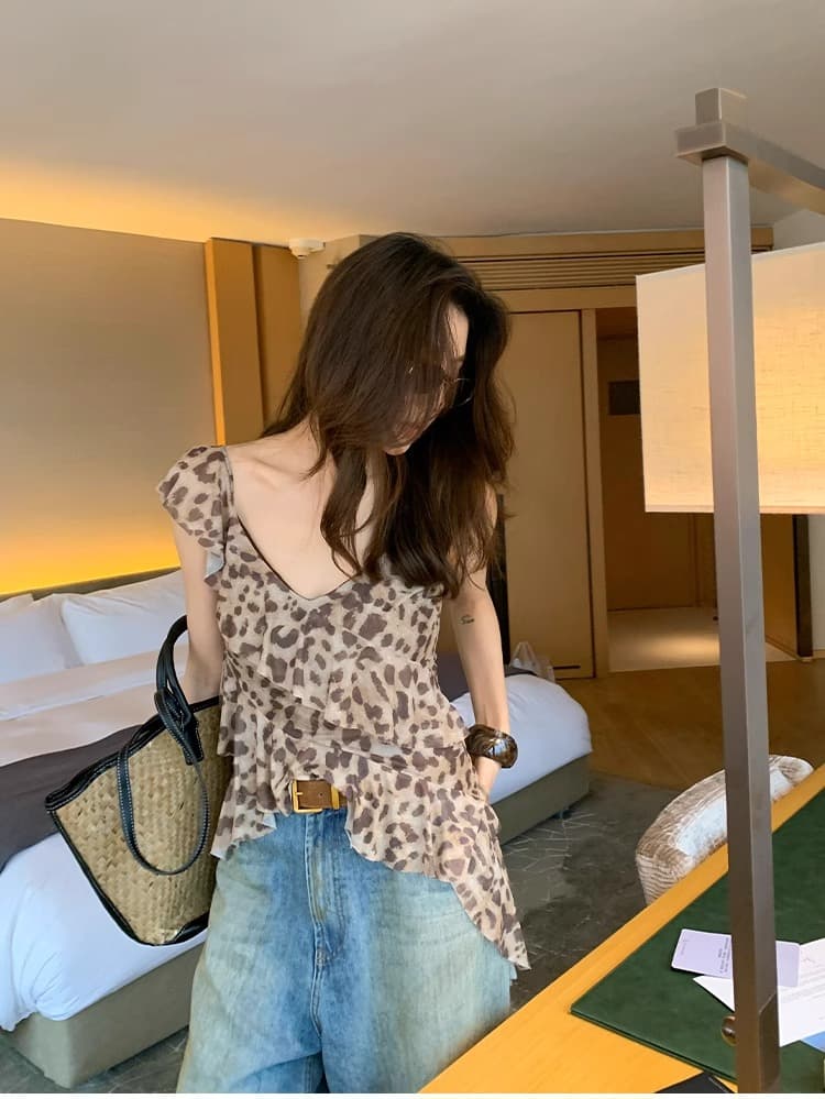용 안녕하세요. 어린이 레트로 섹시함 레오파드 무늬 민소매 조끼 맨위 여성 여름 작은 대중 디자인 센스 프릴 작은 셔츠 이미지 2