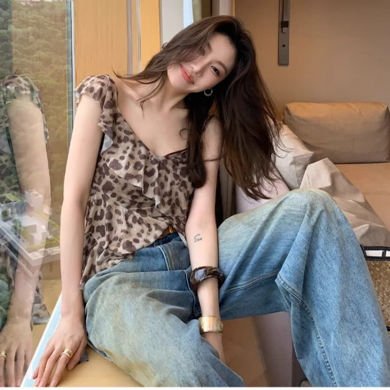 용 안녕하세요. 어린이 레트로 섹시함 레오파드 무늬 민소매 조끼 맨위 여성 여름 작은 대중 디자인 센스 프릴 작은 셔츠 이미지 5
