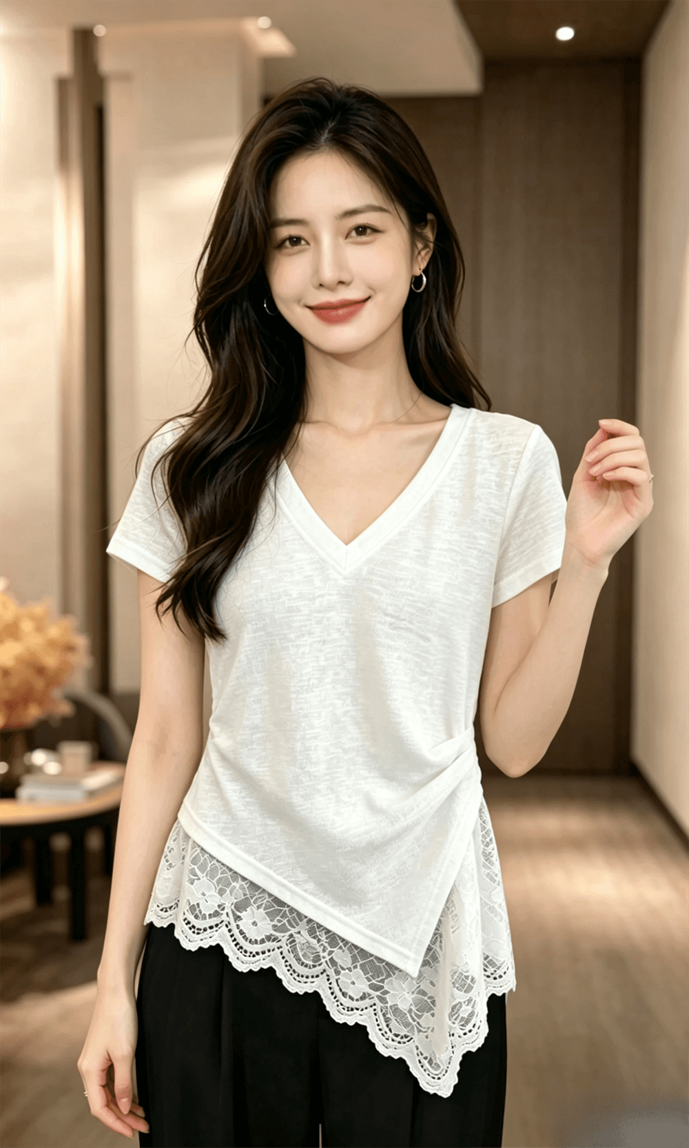 눈꽃 면 밑단 레이스 조각 반팔 티셔츠 여성 여름 맨위 이미지 4