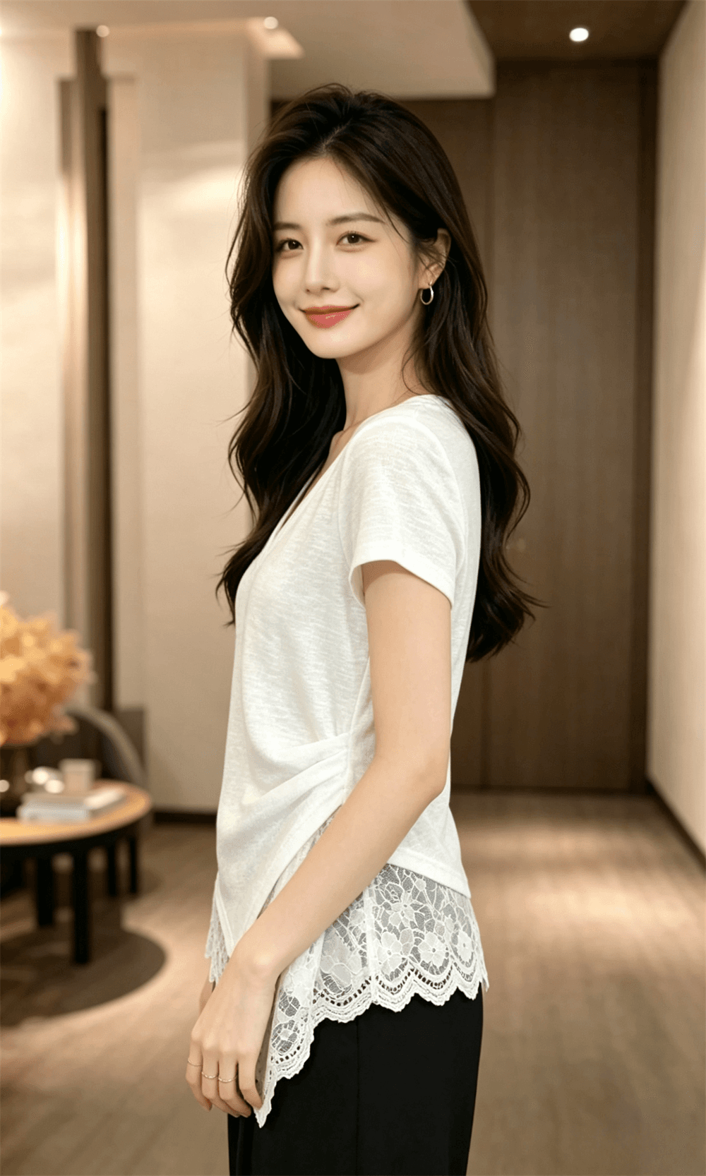 눈꽃 면 밑단 레이스 조각 반팔 티셔츠 여성 여름 맨위 상세 이미지 4