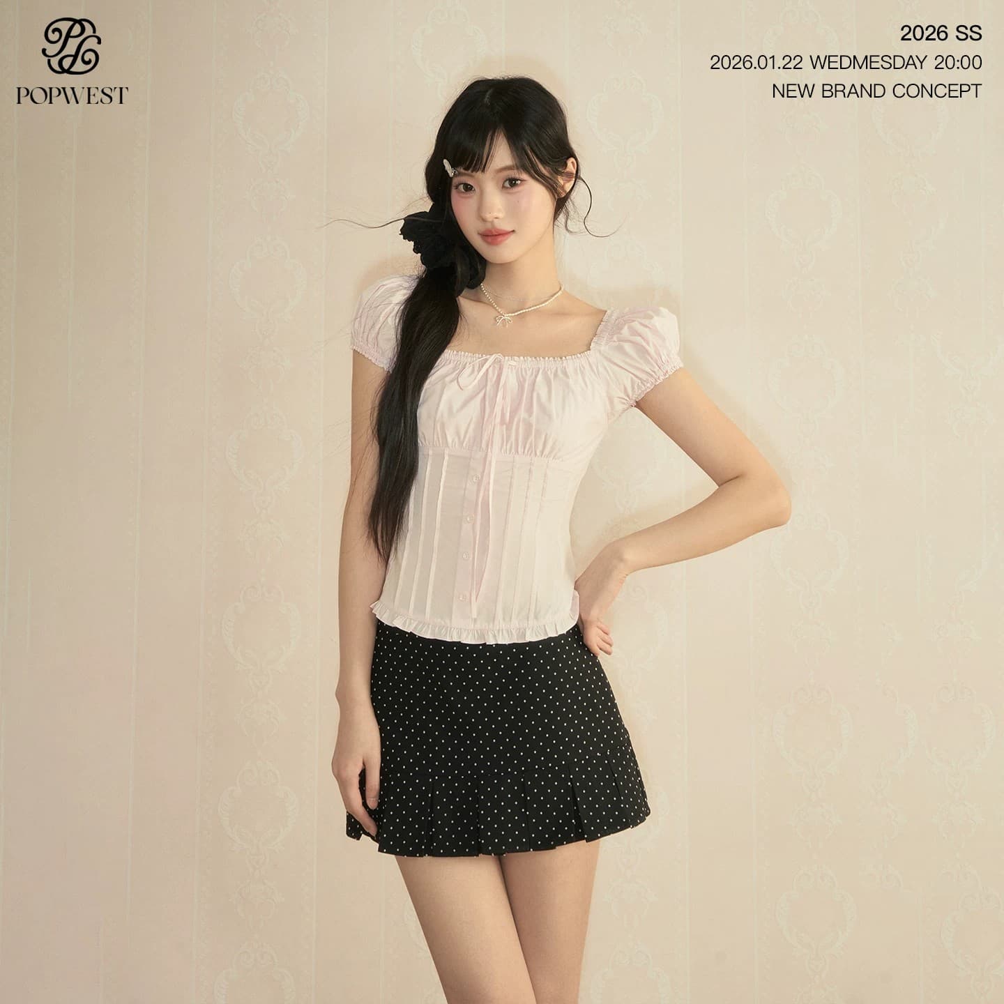 popwest 丨 홀로우 아웃 광장 칼라 오프숄더 거품 소매 작은 셔츠 나비 매듭 레이스 셔츠 여성 셔츠 상세 이미지 1