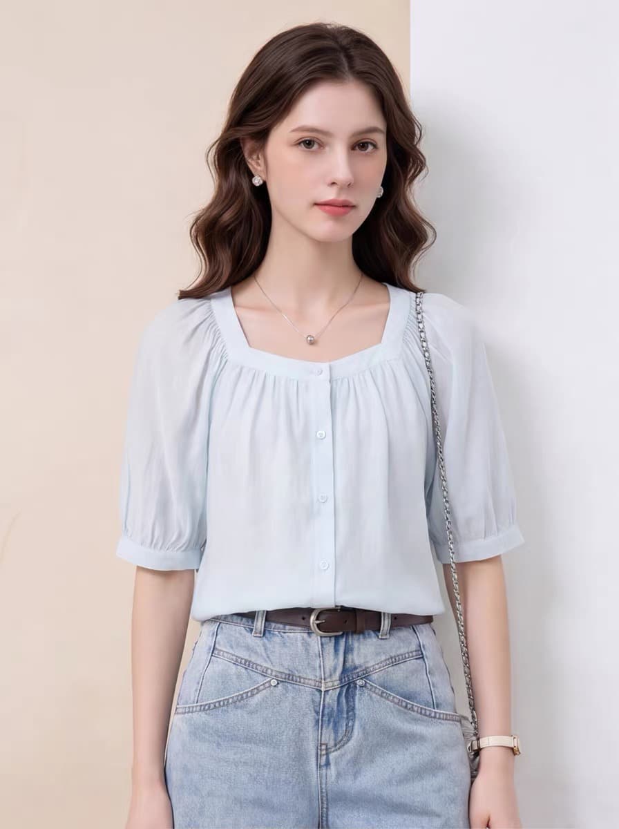프랑스식 광장 칼라 거품 소매 여성 셔츠 2026 여름 여성 맨위 여름 품격 연령 감소 고급 센스 맨위 이미지 4