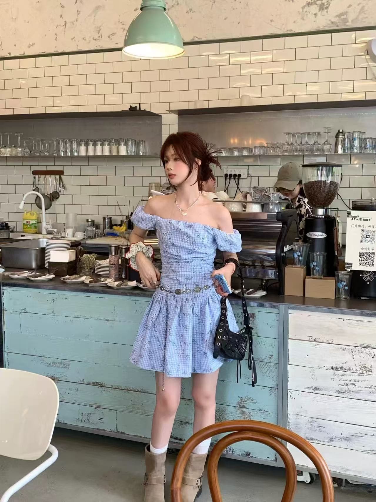 shareinin 빙하 블루 체크무늬 보라색 작은 꽃무늬 주름 보트넥 드레스 이미지 3