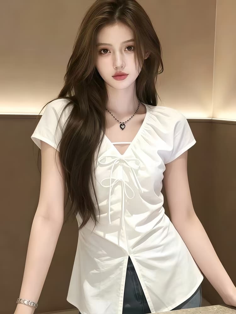여름 화이트 스트랩 트임 V넥 여성 셔츠 2026 새로운 그레이트 봐라. 프랑스식 사소한 아름다운 품격 맨위 이미지 2