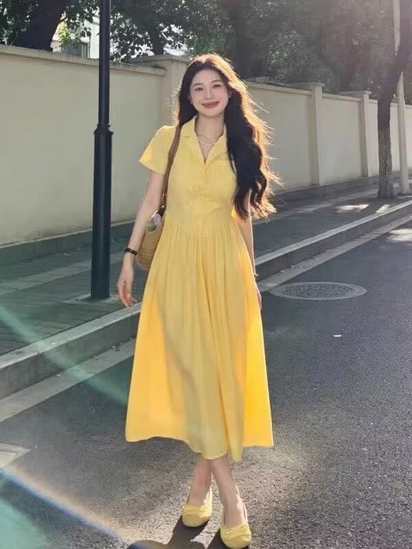 빅 사이즈 지방 mm 여름 소녀 센스 연령 감소 황색 허리 수축 롱 스커트 여성 한국 스타일 패션 표지 고기 슬림해 보이는 드레스 상세 이미지 1